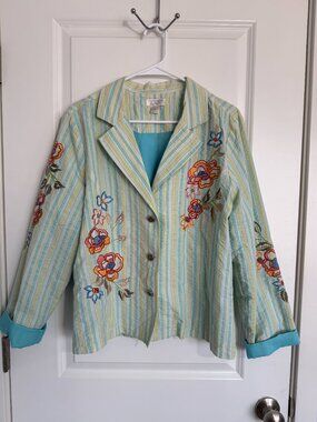 Christopher & Banks XL Floral Embroidered Striped Cotton Blazer Jacket